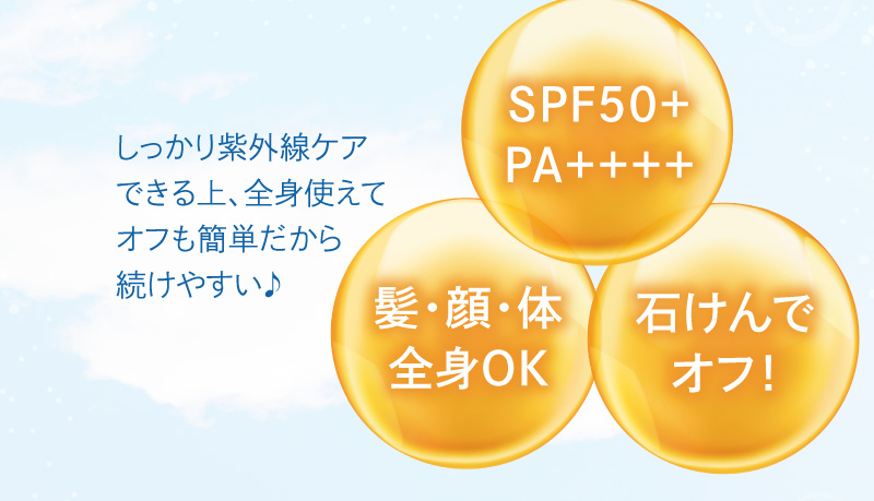 SPF50+ PA++++／髪・顔・体全身OK／石けんでオフ！