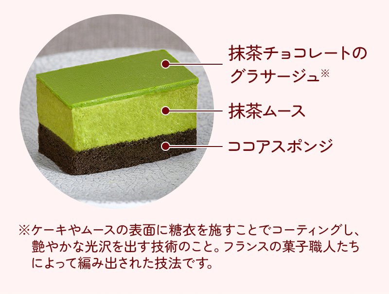 抹茶チョコレートの グラサージュ※ 抹茶ムース ココアスポンジ ※ケーキやムースの表面に糖衣を施すことでコーティングし、艶やかな光沢を出す技術のこと。フランスの菓子職人たちによって編み出された技法です。