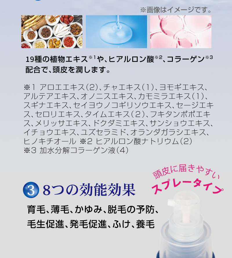（2）美髪は健康的な頭皮から！頭皮を潤します。（3）育毛、薄毛、かゆみ、脱毛の予防など8つの効果