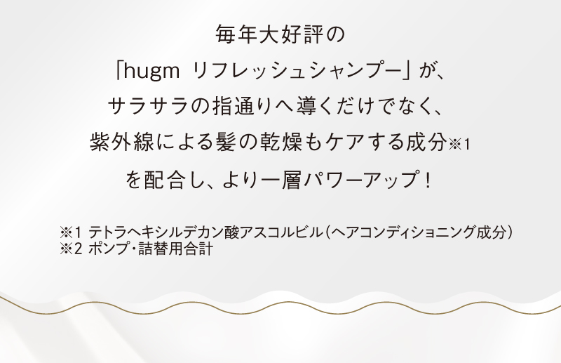 hugm リフレッシュシャンプー 大人気商品がパワーアップして再登場したことを伝えるテキスト画像