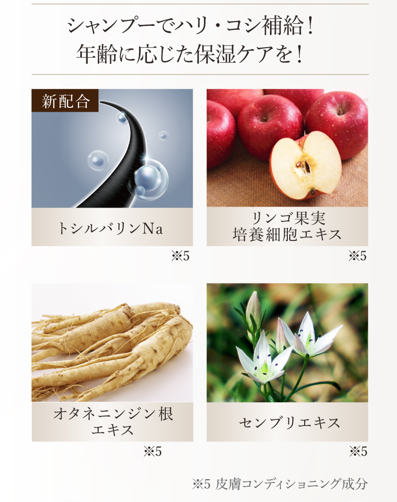 シャンプーでハリ・コシ補給！年齢に応じた保湿ケアを！　新配合トンシルバリンNa、リンゴ果実培養細胞エキス、オタネニンジン根エキス、センブリエキス