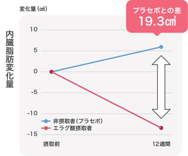 内臓脂肪変化量のグラフ プラセボとの差19.3㎠