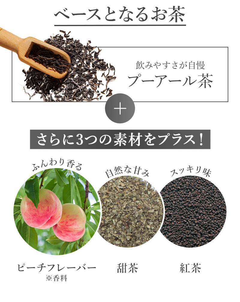 プーアール茶 さらに3つの素材をプラス！ ピーチフレーバー※香料 甜茶 紅茶