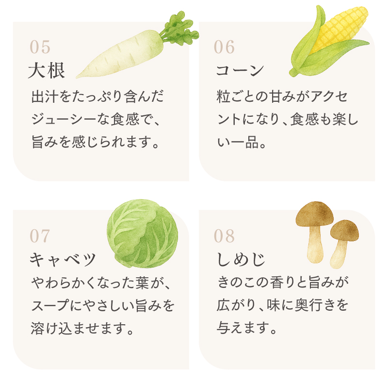 大根、コーン、キャベツ、しめじ