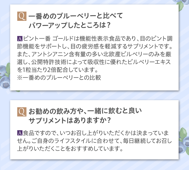 一番めのブルーベリーと比べてパワーアップしたところは？ お勧めの飲み方や、一緒に飲むとよいサプリメントはありますか？