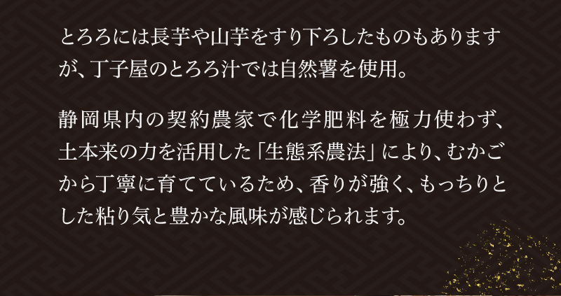 とろろには長芋や山芋をすり下ろしたものがありますが、丁子屋は香りが強くもっちりとした粘り気と豊かな風味の自然薯を使用