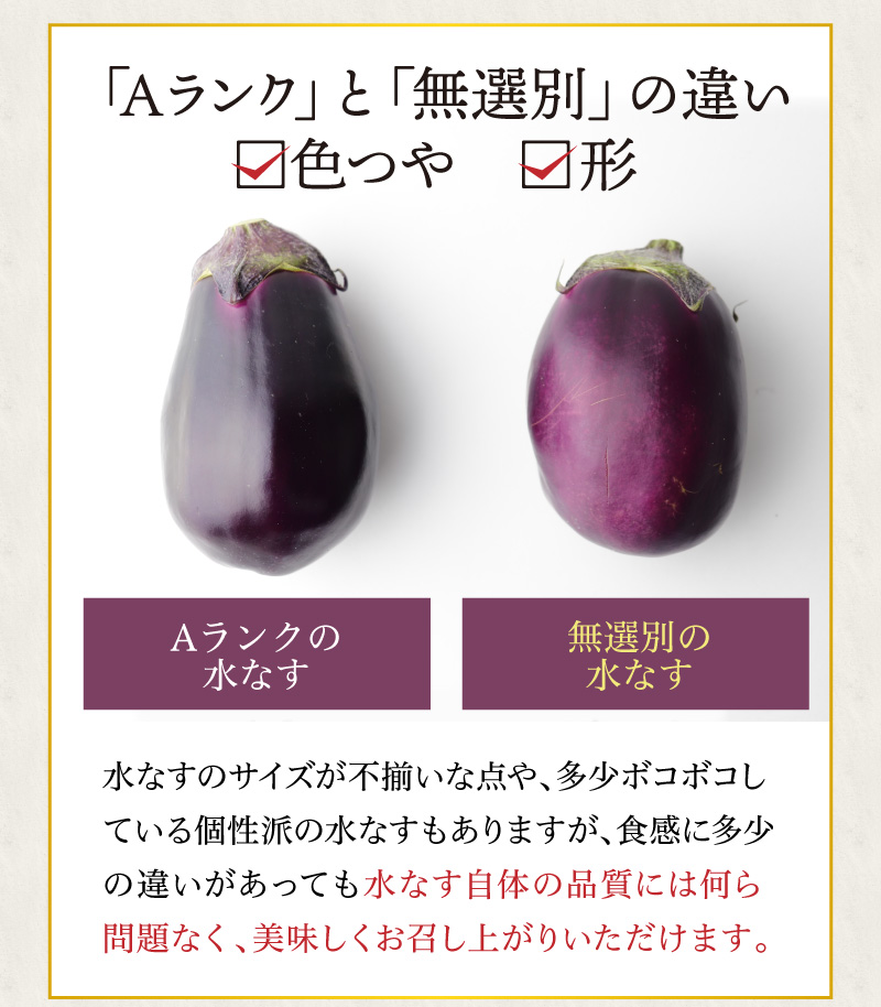 「Aランク」と「無選別」の違い(色つや・形)水なすのサイズが不揃いな点や、多少ボコボコしている個性派の水なすもありますが、食感に多少の違いがあっても水なす自体の品質にはなんら問題なく、美味しくお召し上がりいただけます。