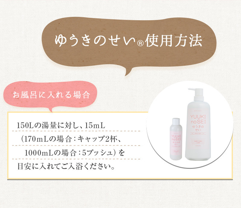 ゆうきのせい使用方法(お風呂150リットルに対し、15mlを目安に入れて入浴)