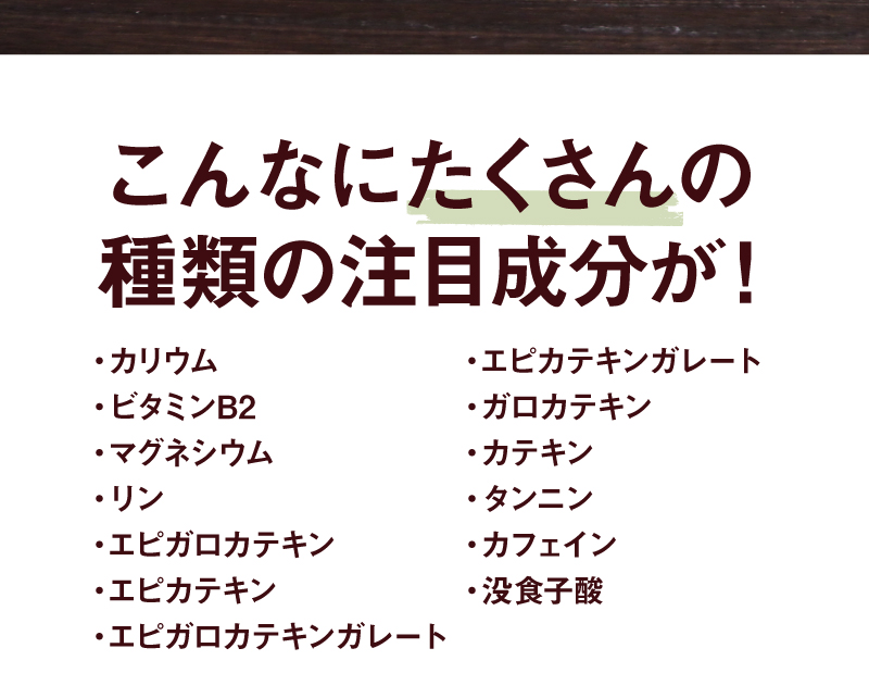 こんなにたくさんの種類の注目成分が！カリウム/ビタミンB2/マグネシウム/リン/エピガロカテキン/エピカテキン/エピガロカテキンガレート/エピカテキンガレート/ガロカテキン/カテキン/タンニン/カフェイン/没食子酸