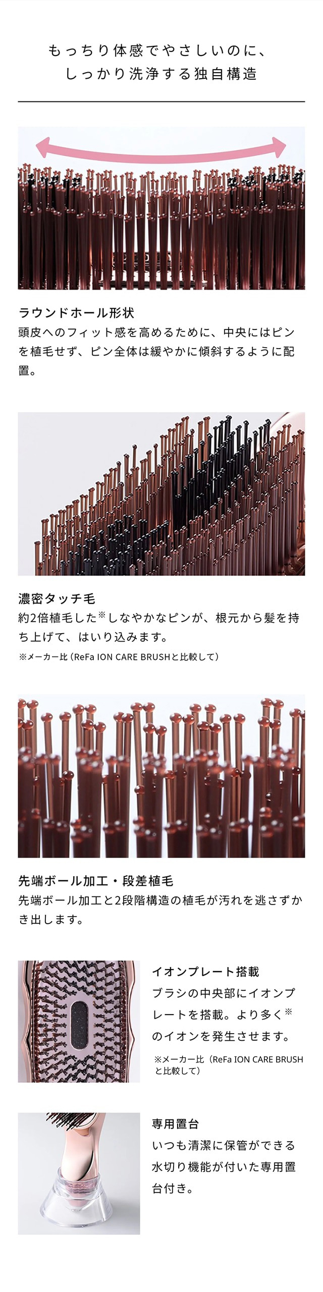 ラウンドホール形状、濃密タッチ毛、先端ボール加工・段差植毛