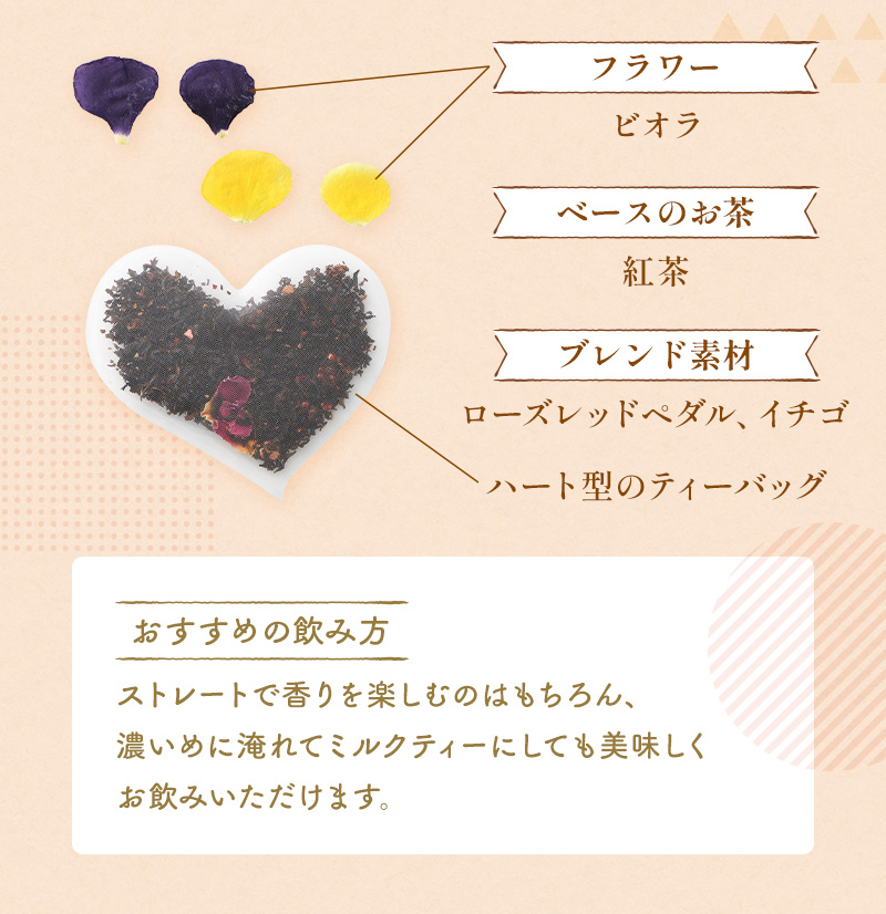 ベースのお茶の紅茶に、ローズレッドぺダルやイチゴをブレンド。フラワーはビオラ。