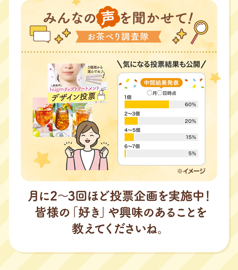 月に2～3回ほど投票企画を実施中！皆様の「好き」や興味のあることを教えてくださいね。